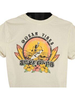 Surf Club Crop Top T Shirt Womens Size Large Cream Ocean Vibes Surfer Skeleton